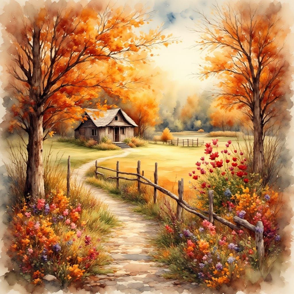 Vibrant Grunge Watercolor Scene with Cozy Cabin