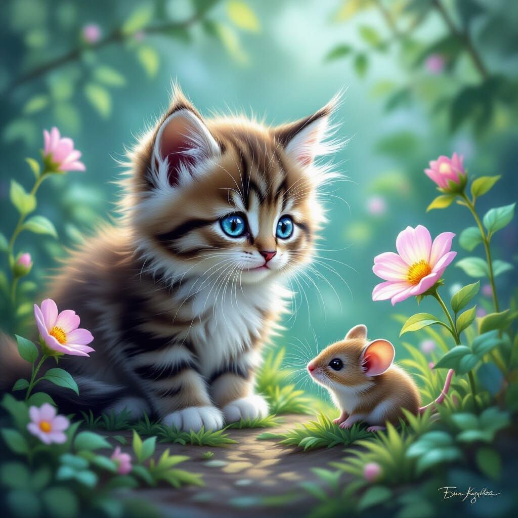 Sapphire-Eyed Kitten in Ethereal Glowing Garden