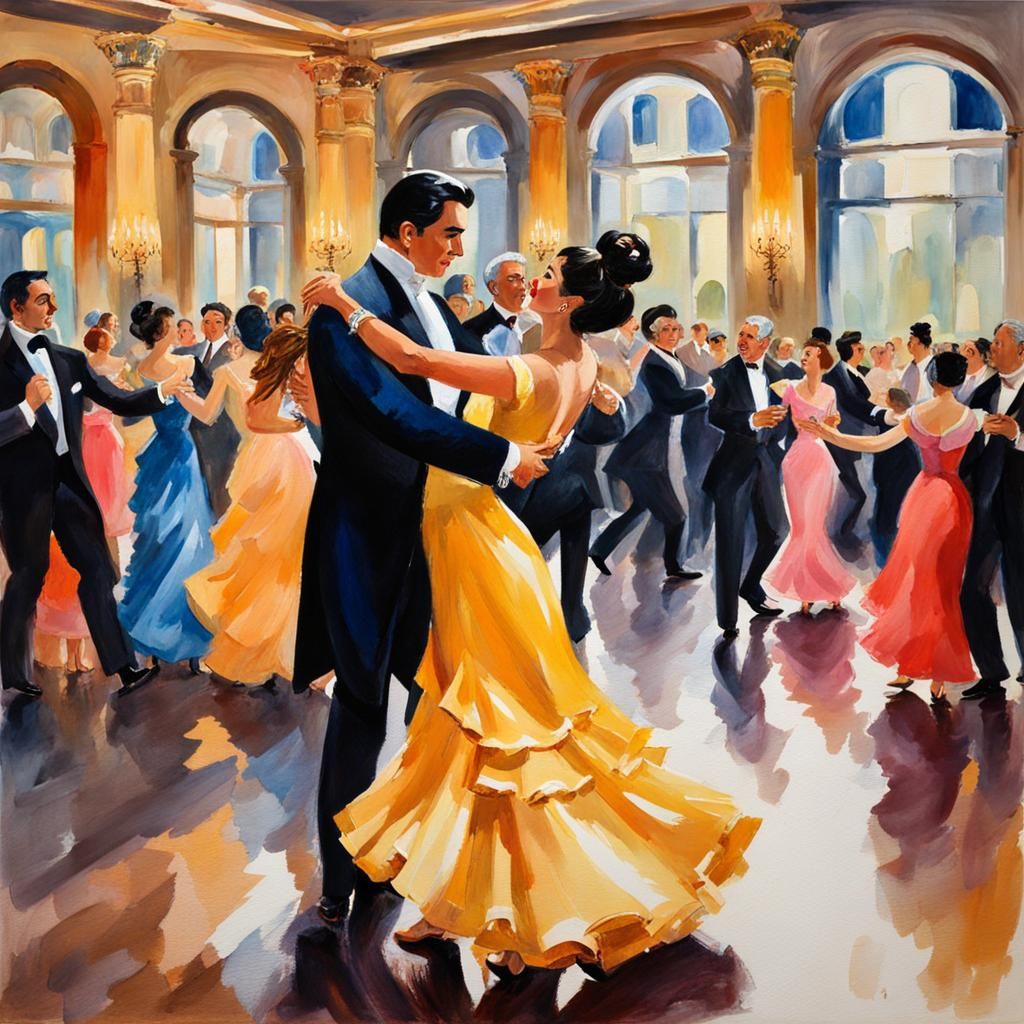 Couple Dancing Waltz in Gouache Impressionist Style