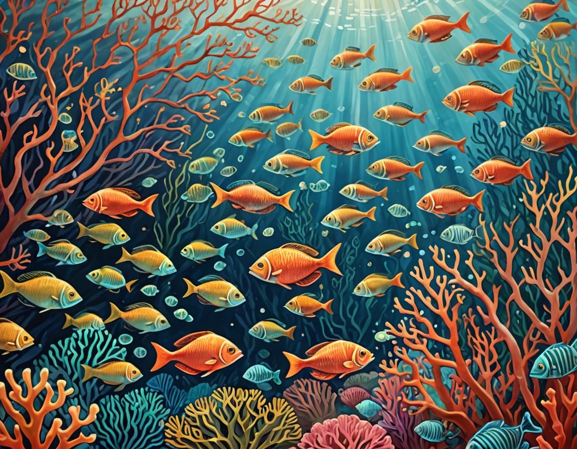 Vibrant Coral Reef Inspired by Naive Art