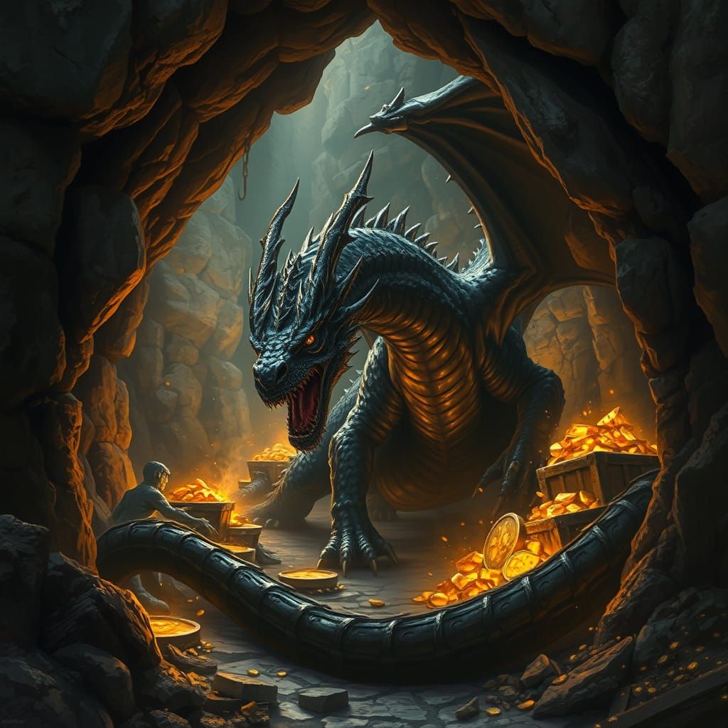 a big black dragon in an old mineshaft with gleaming gold treasures.