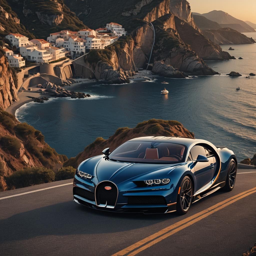Luxury Bugatti Chiron on Coastal Cliff Road at Sunrise