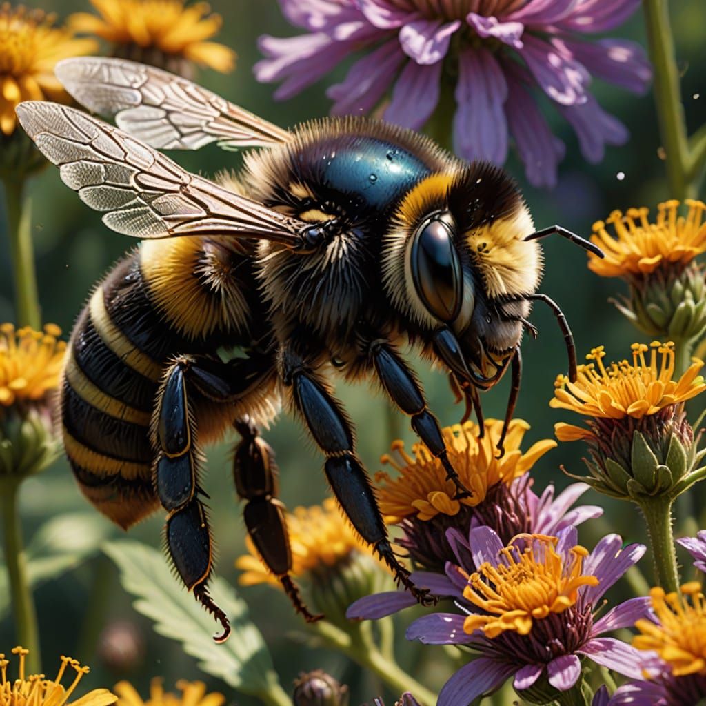Hyperrealistic Bee Collecting Pollen in Vivid Colors
