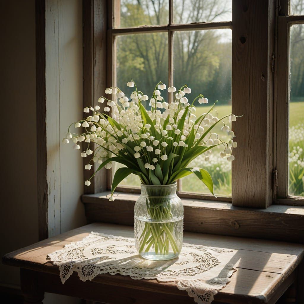 Vintage Rustic Still Life of Lily of the Valley in a Vase