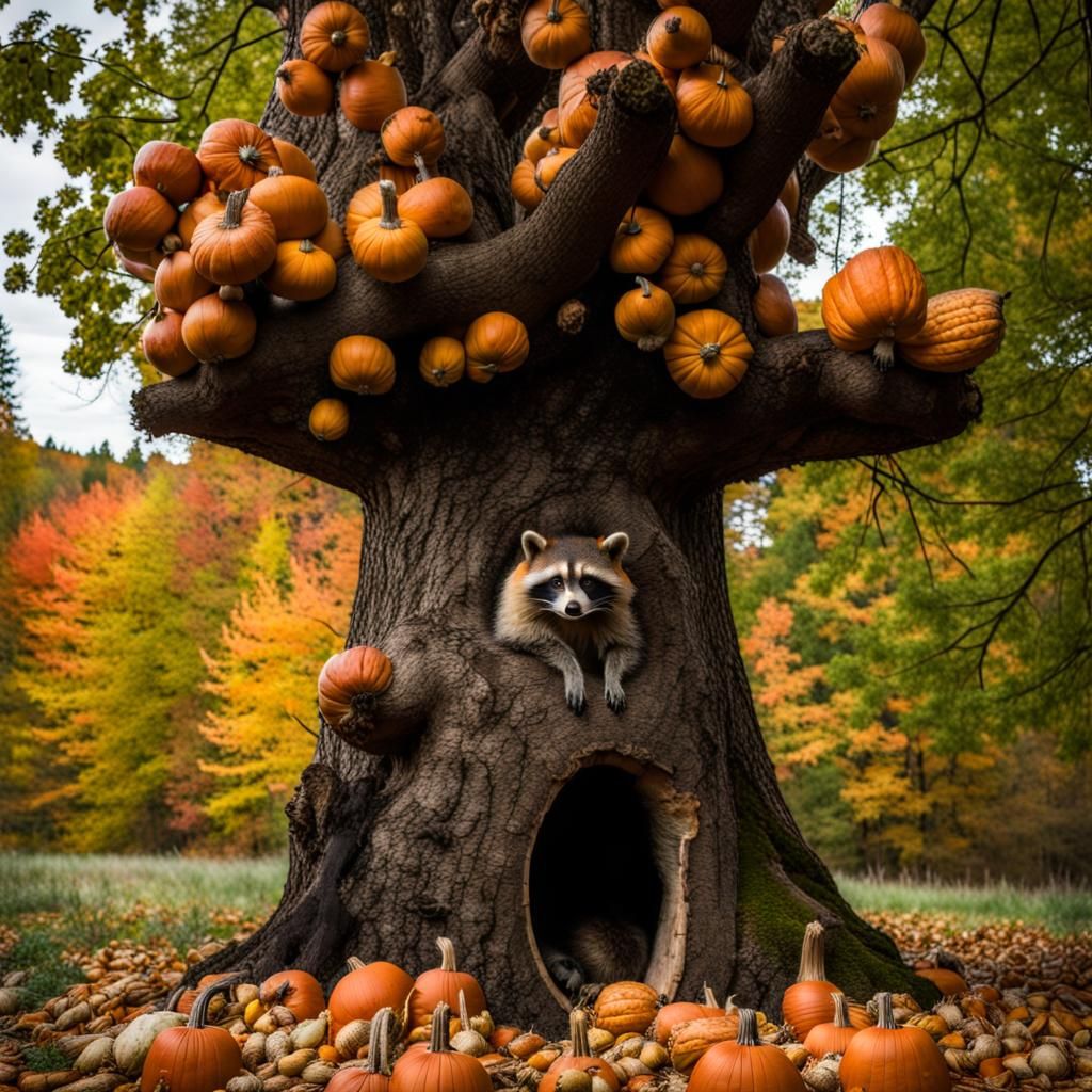 Raccoon Finds Harvest in Hollow Tree