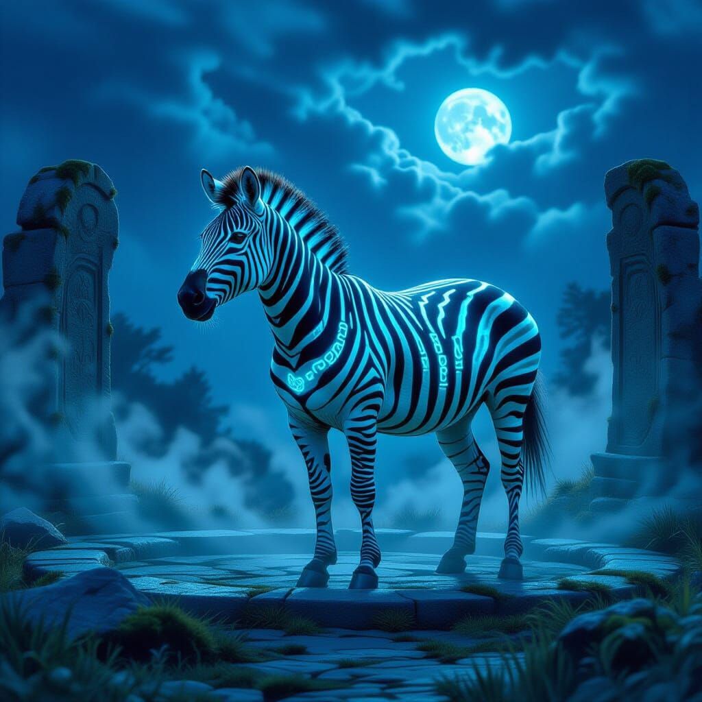 Majestic Zebra with Glowing Runes in Misty Stone Circle