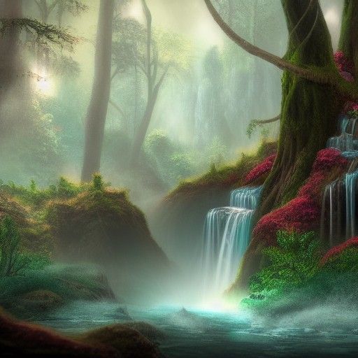 Misty Waterfall Forest in Detailed Matte Painting