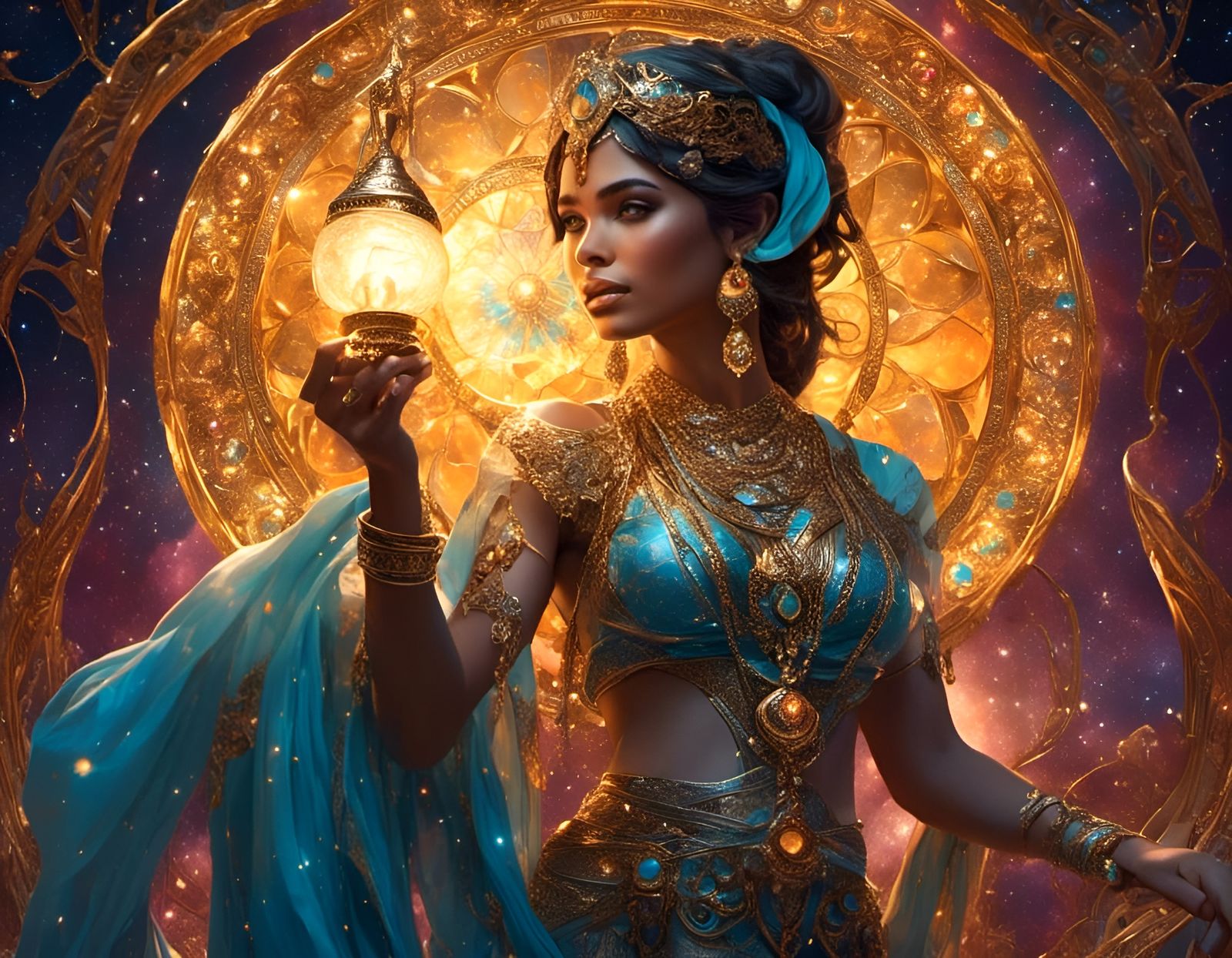 Cosmic Arabian Genie Queen with Magic Lamp