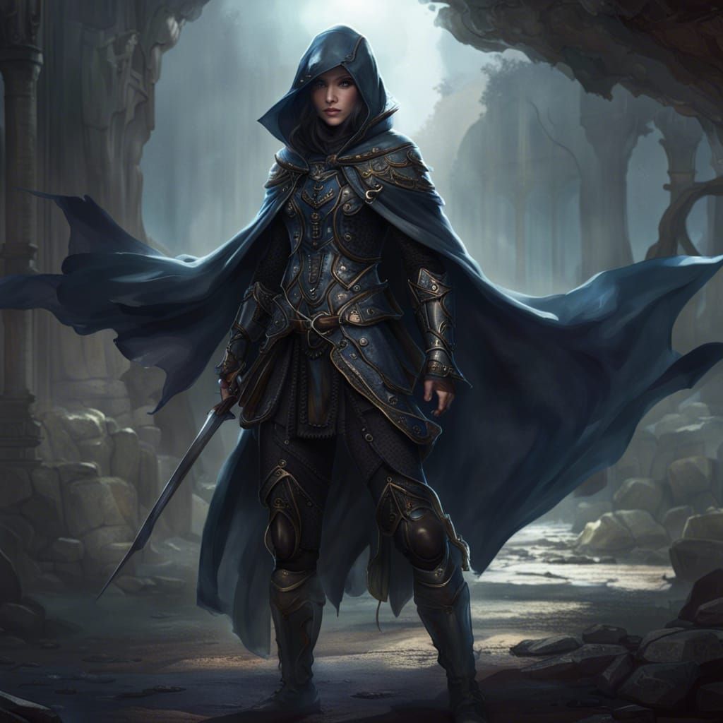 Medieval Navy-Eyed Spy in Black Leather Armor