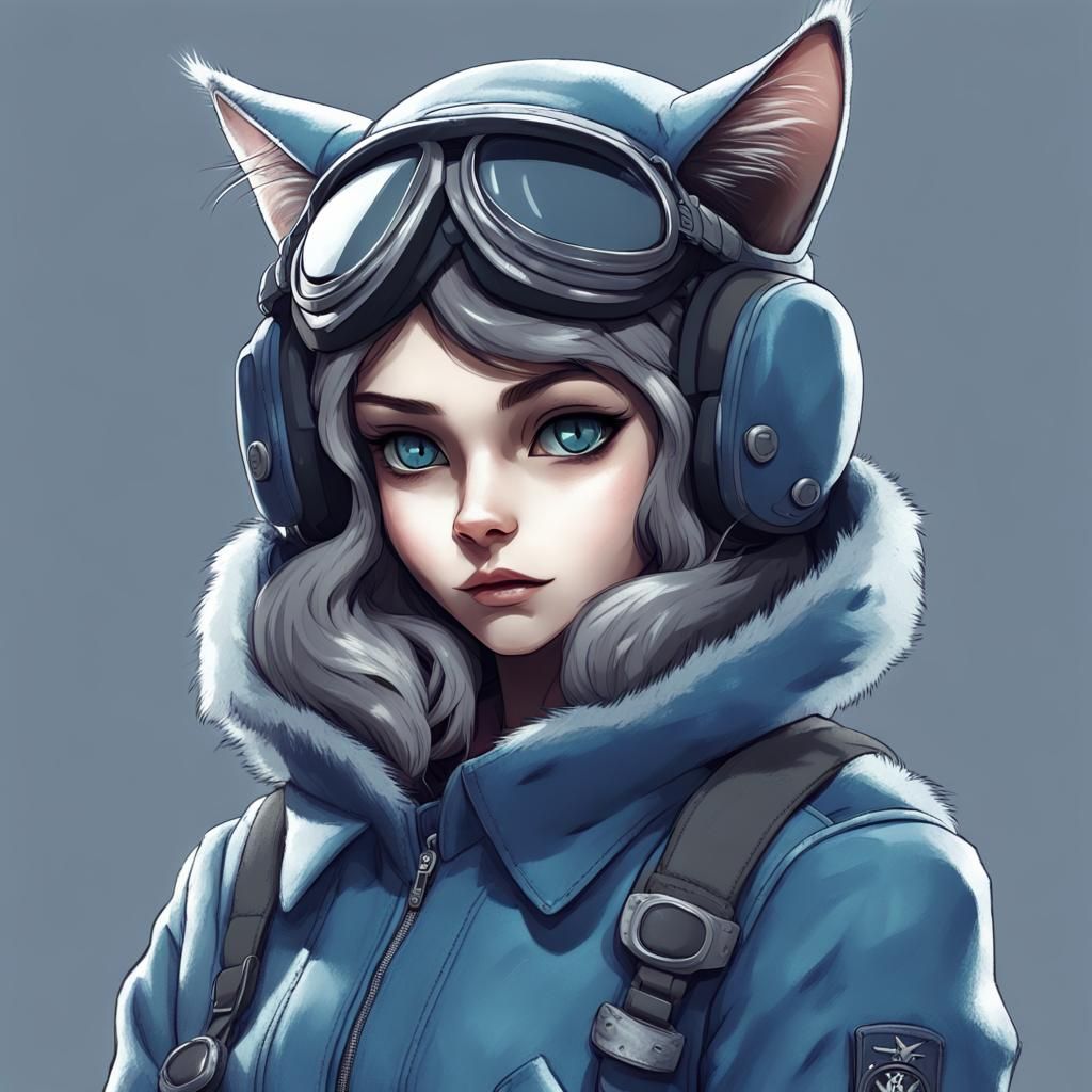 Melancholic Catgirl Pilot in Monochrome Style