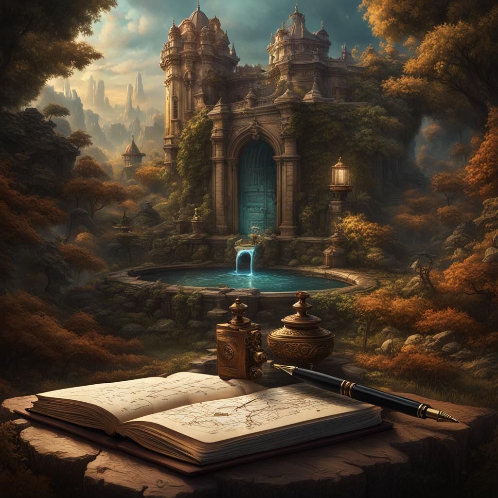 Fantasy Still Life: Book, Pen, and Inkwell