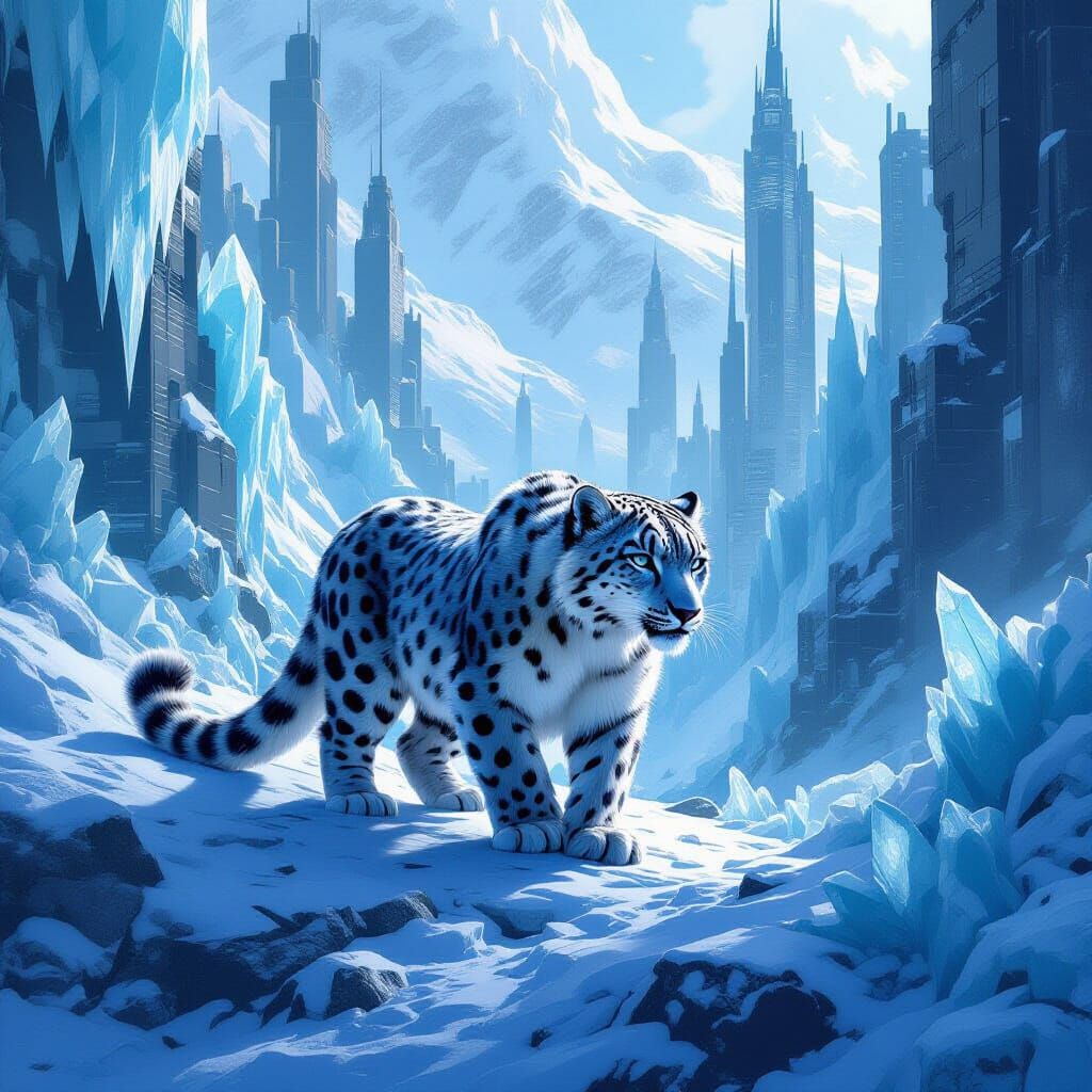 Snow Leopard in Overgrown Future City