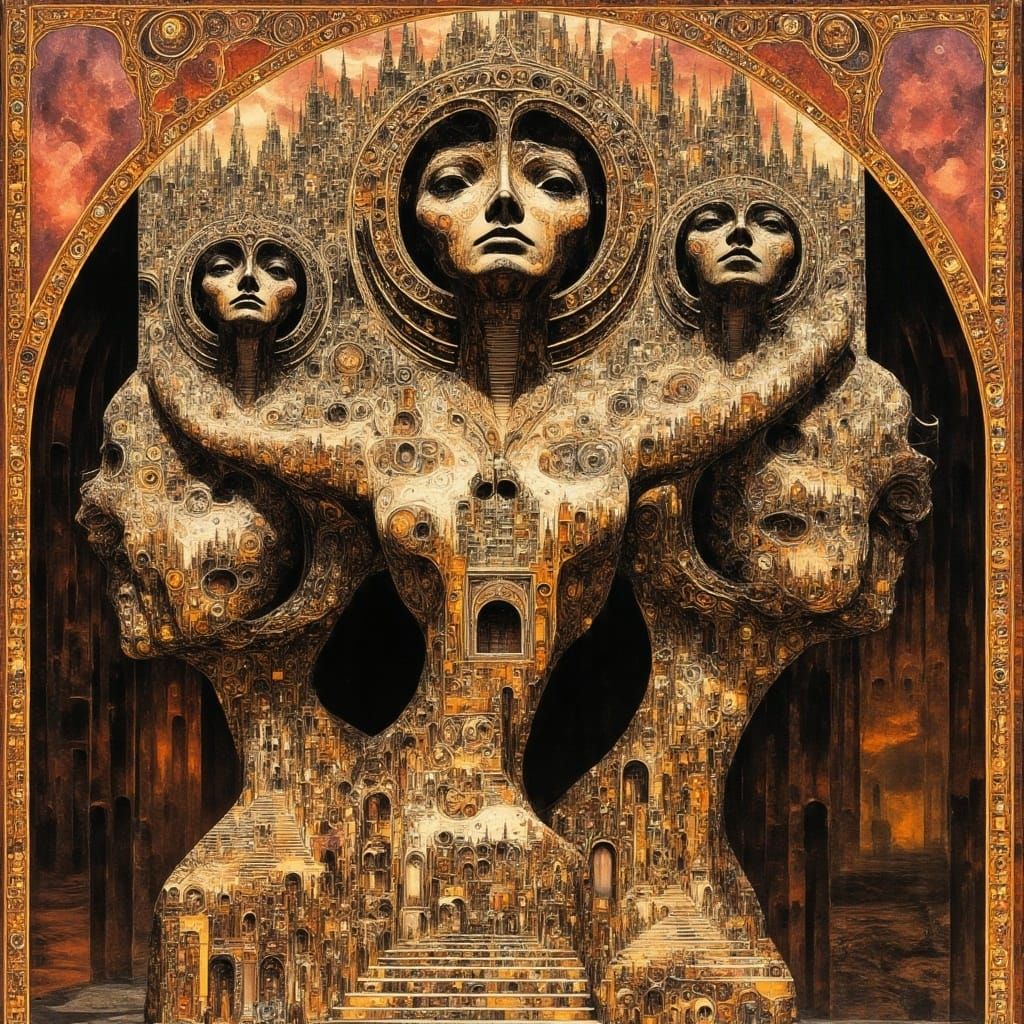 Surreal Moirai Goddesses in Escher-Inspired, Pop Art Fusion