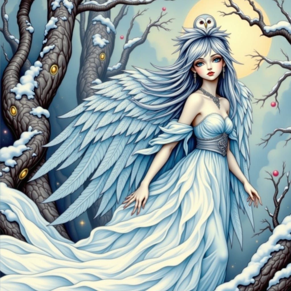 Enchanted Snowy Owl Fairy in Ethereal Landscape