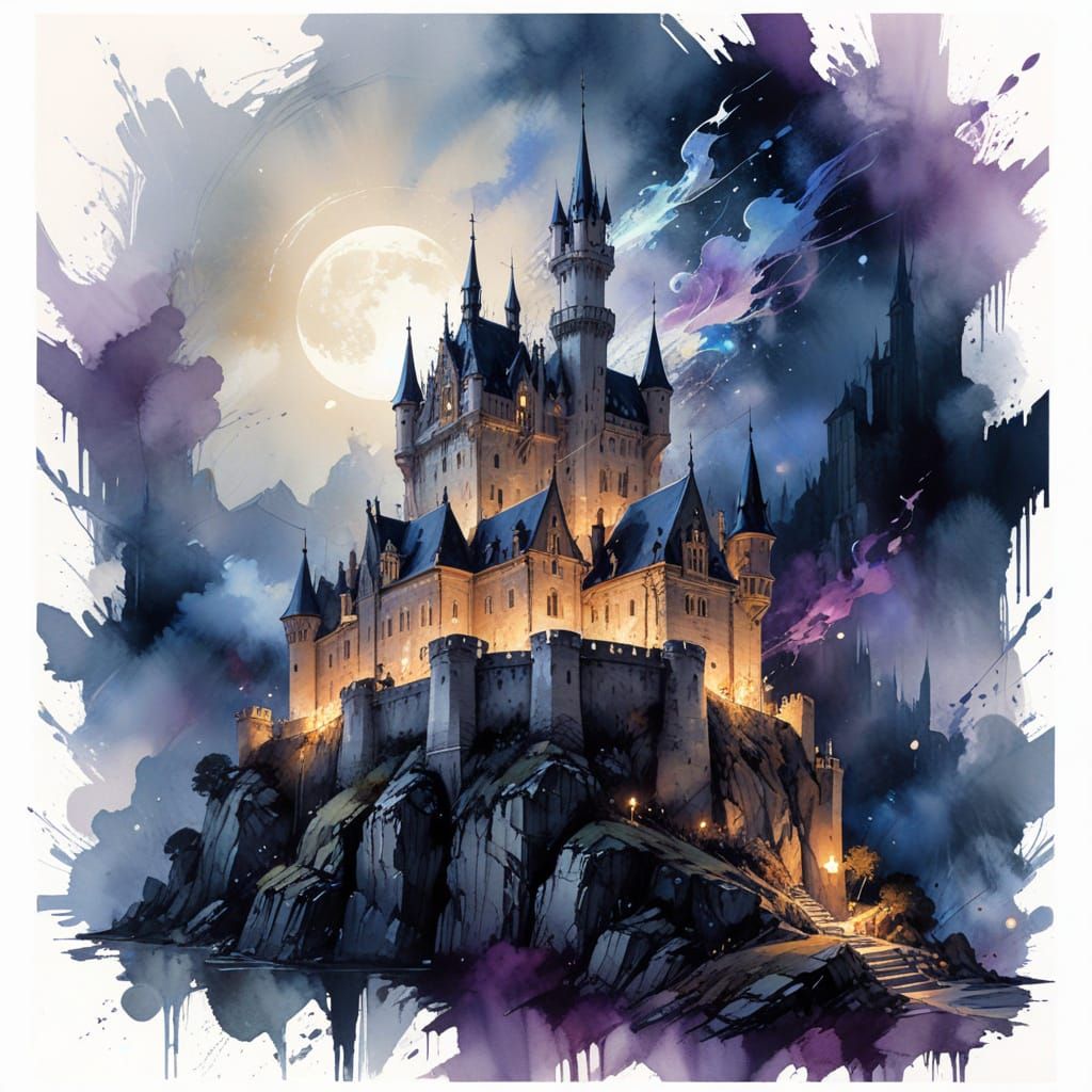 Whimsical Gothic Castle Illuminated by Ethereal Moonlight