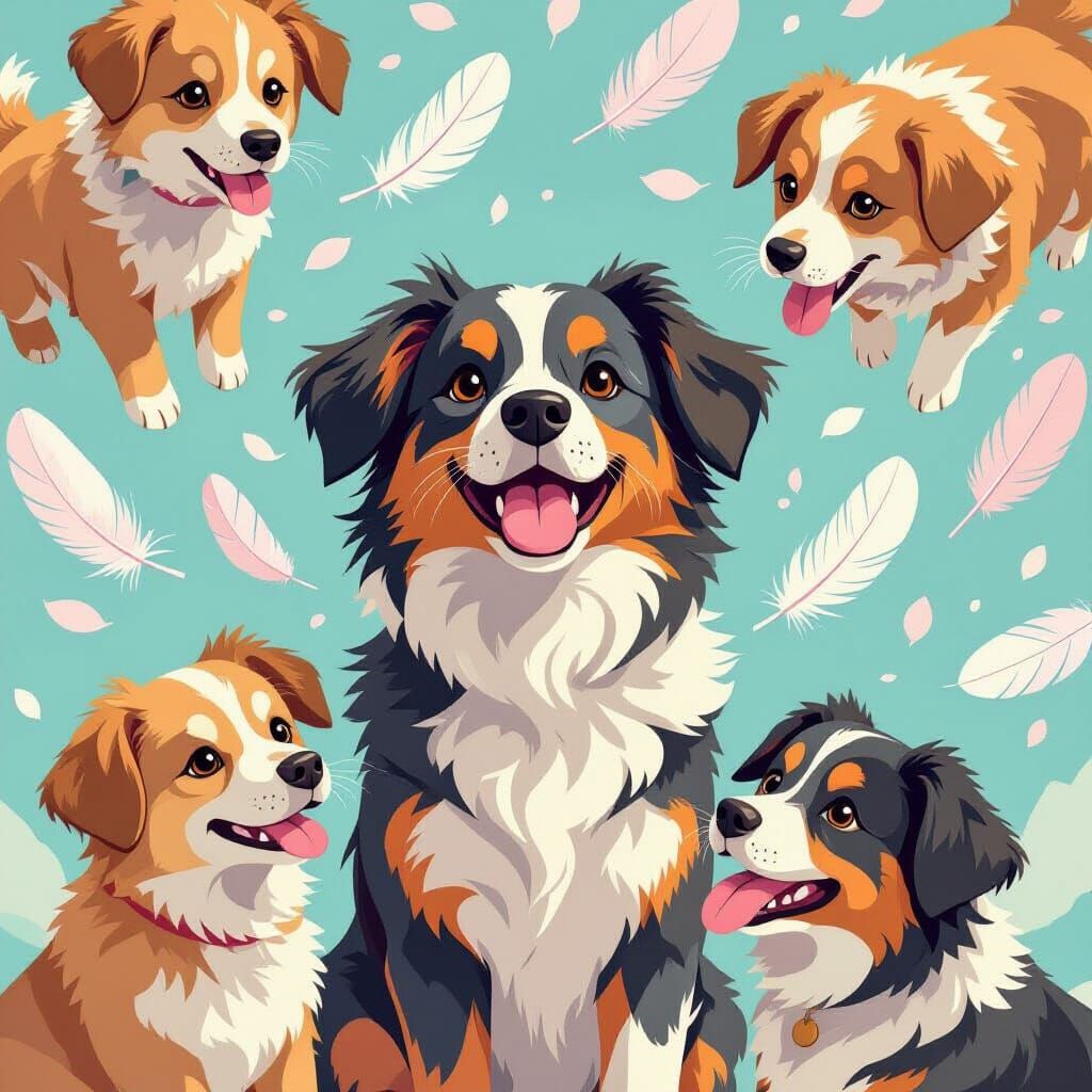 Whimsical Dogs Surrounded by Floating Feathers