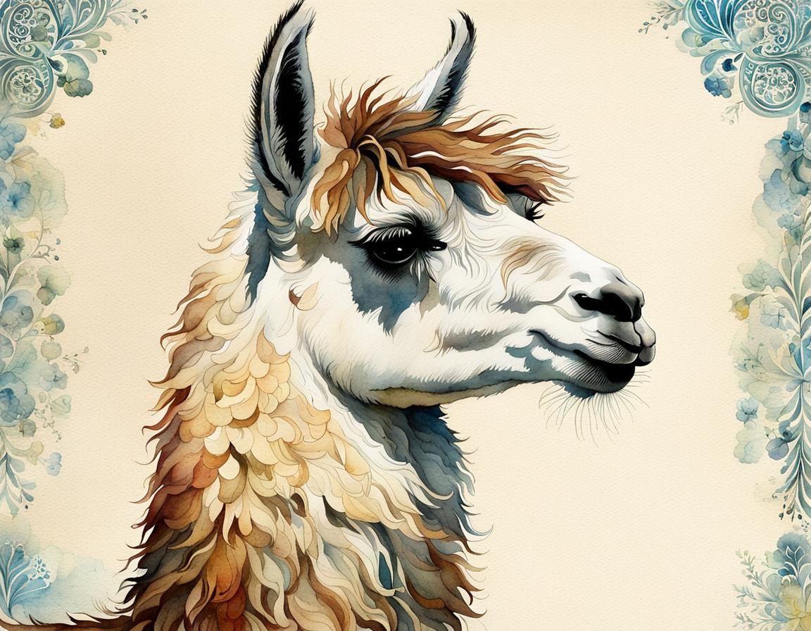 Watercolor Llama Postcard in Fantasy Art Style