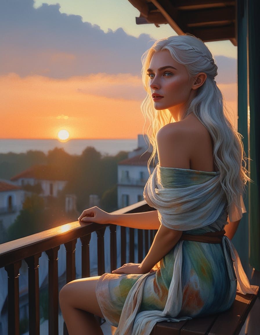 Elf Woman Watching Sunset on Terrace in Impressionist Style