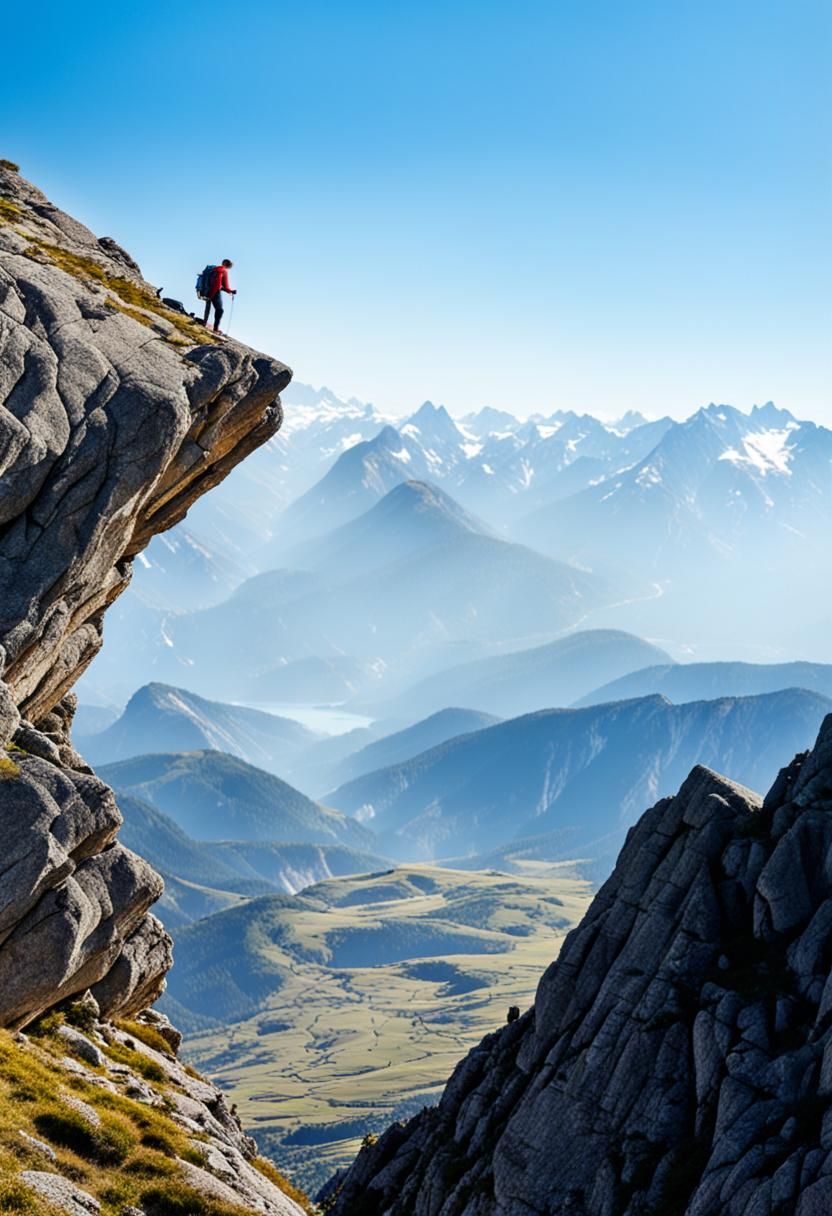 Mountain Climber Ascends Rocky Peak