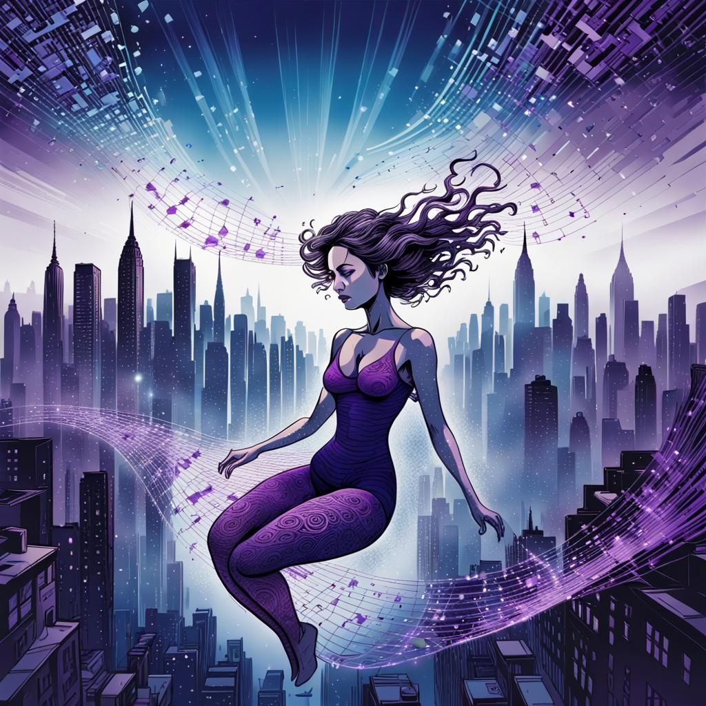 Woman Floats Over City in Lithographic Binary Dream