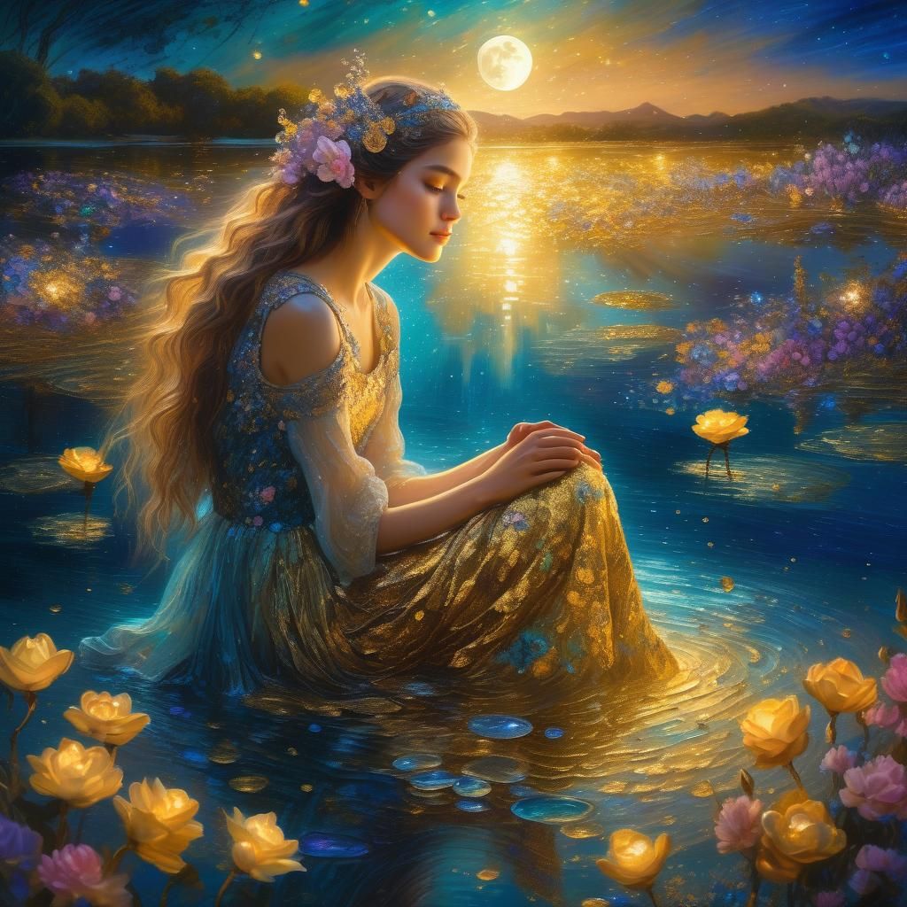Girl on Moonlit Shore in Vibrant Oil Painting