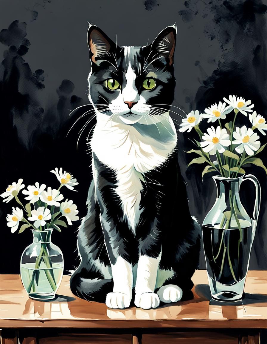 Black and White Cat with Flowers, Modern Illustration