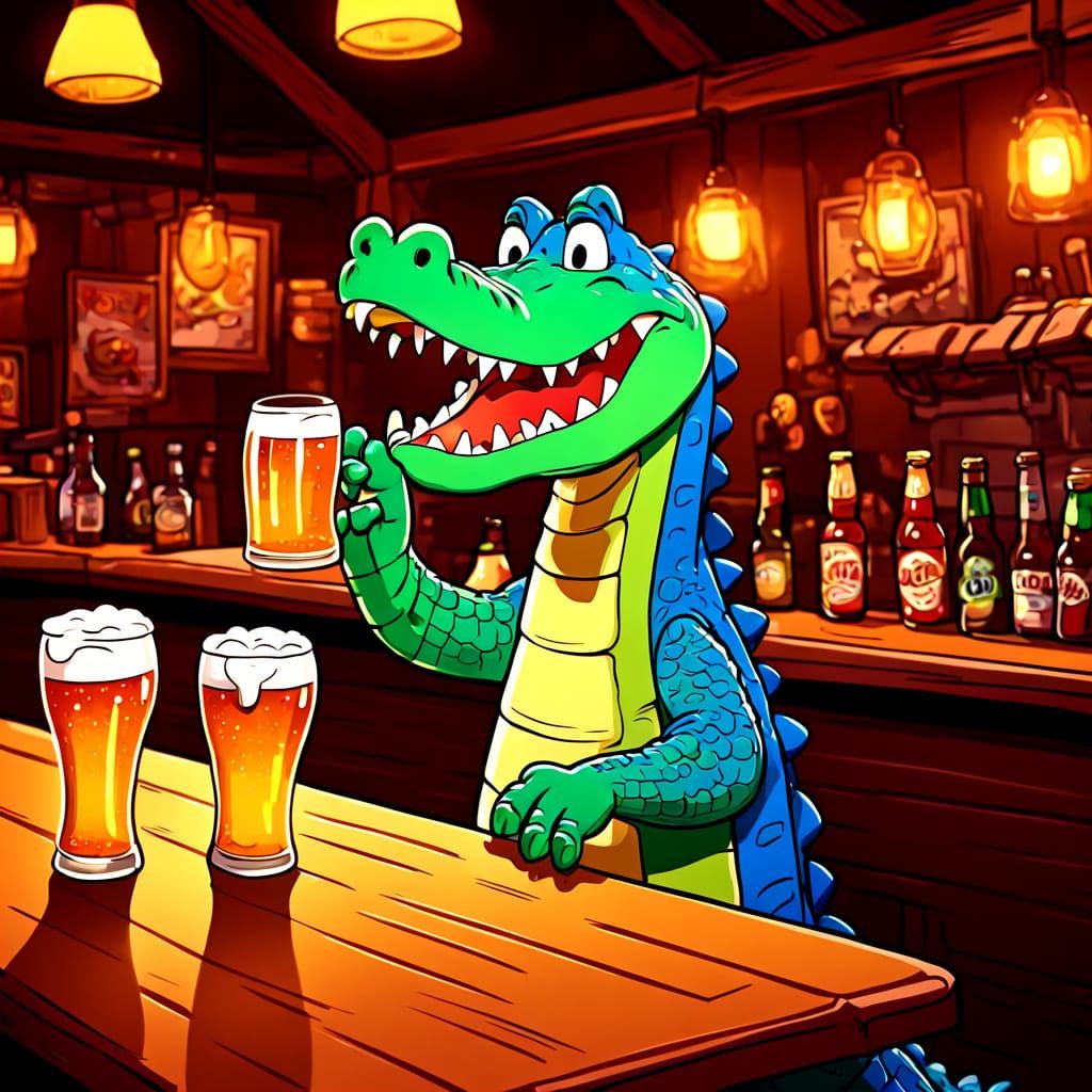 Cartoon Crocodile Enjoys Beer in Lively Pub
