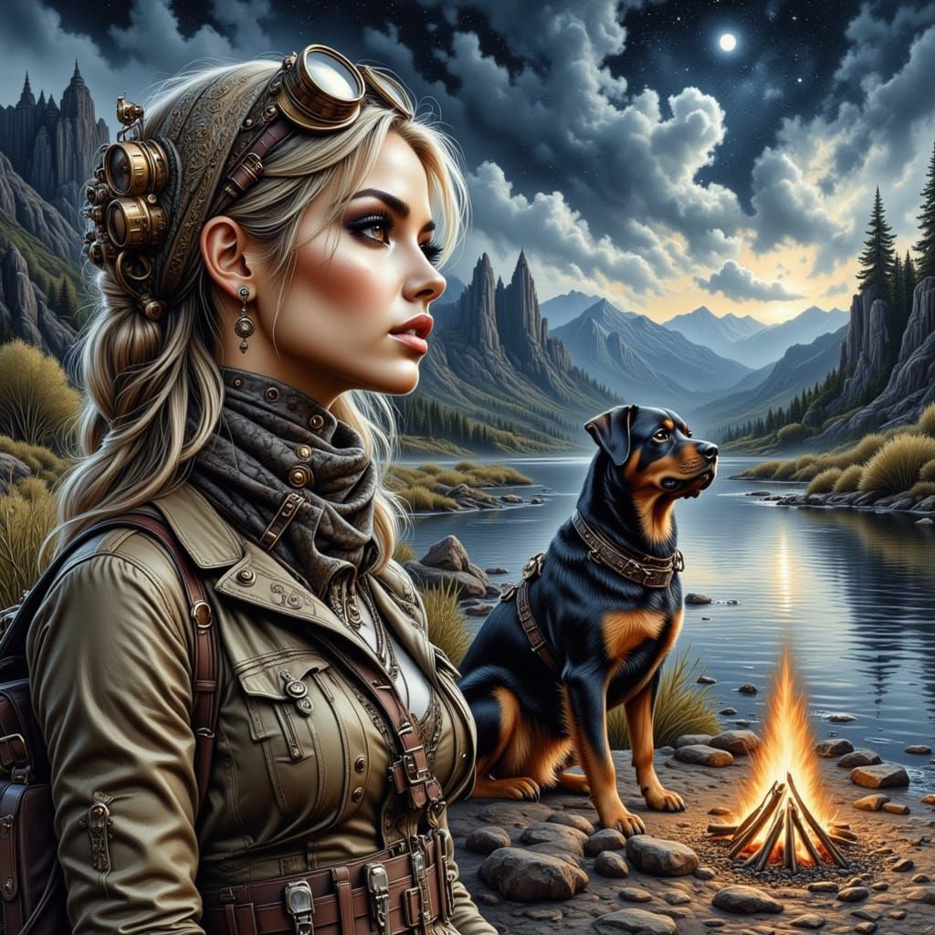 Steampunk Girl with Rottweiler Under Arizona Night Sky