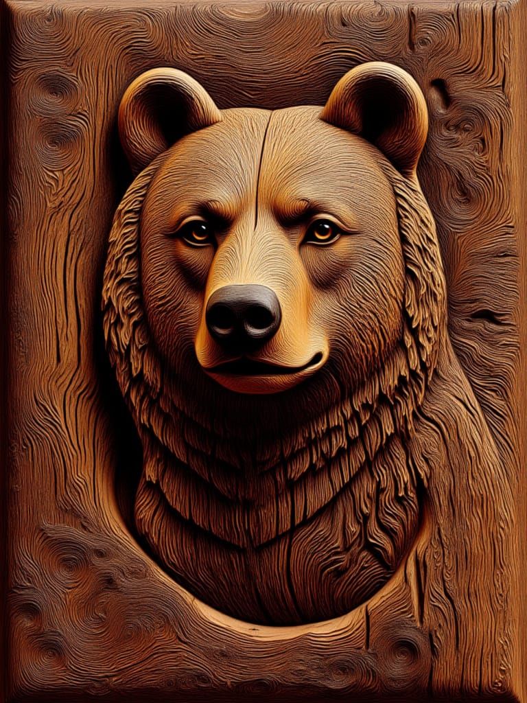 Wooden Brown Bear Relief Carving Art