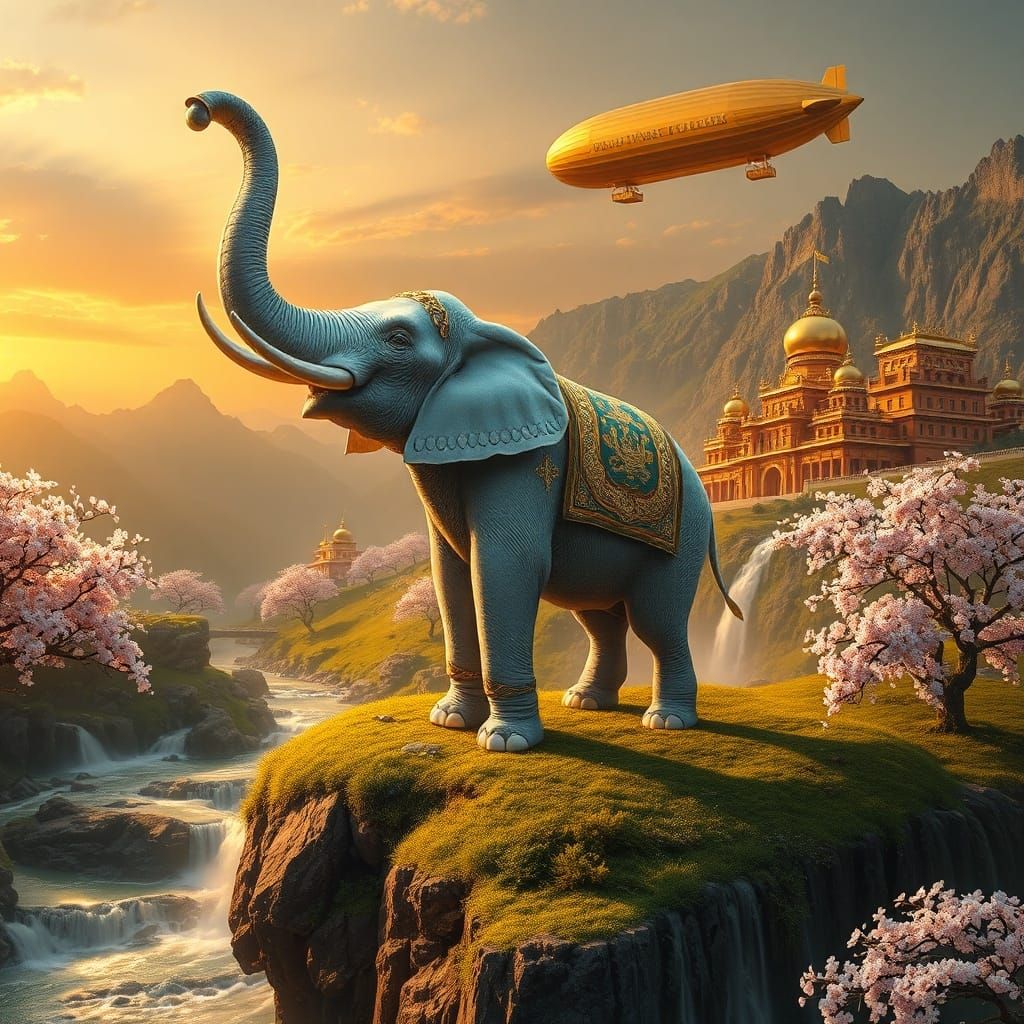 Majestic White Elephant with Golden Harness on Mountain