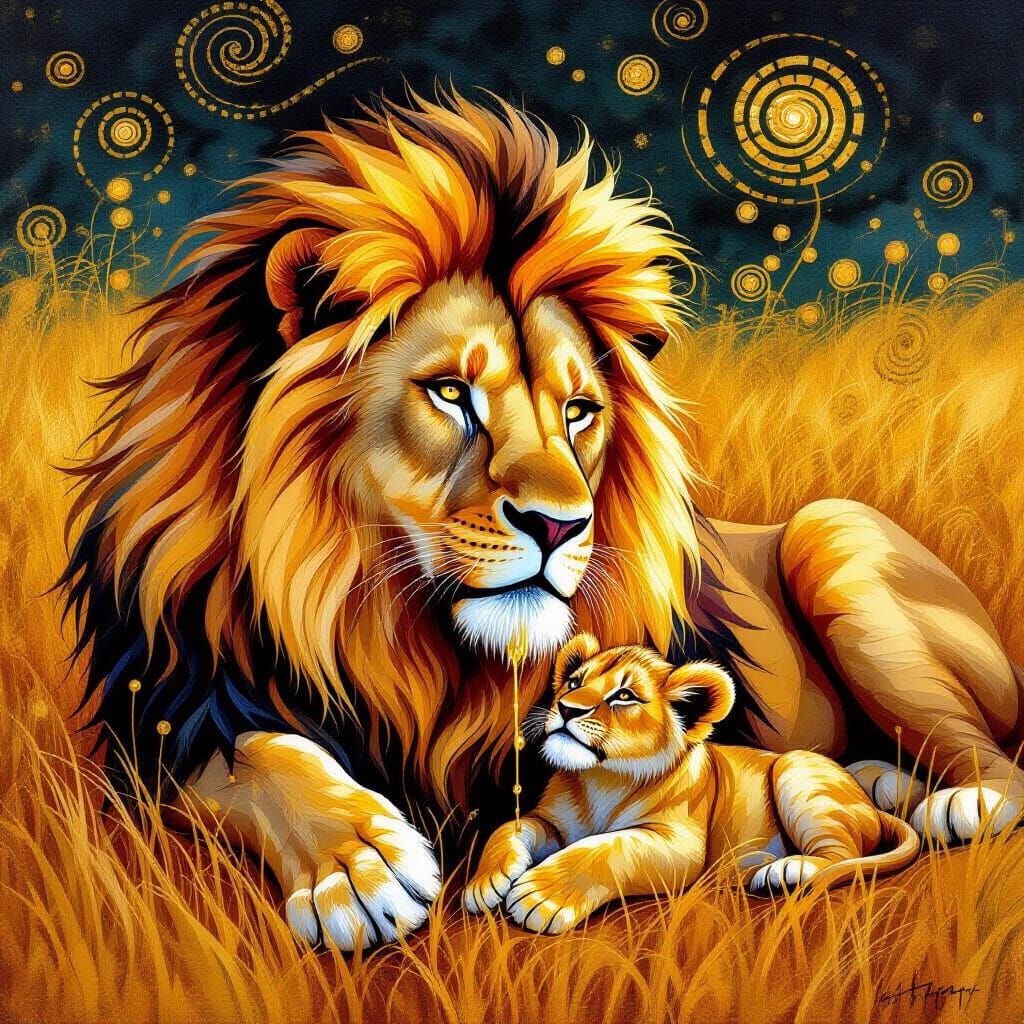 Golden Lion Transfers Magic to Cub, Klimt Style