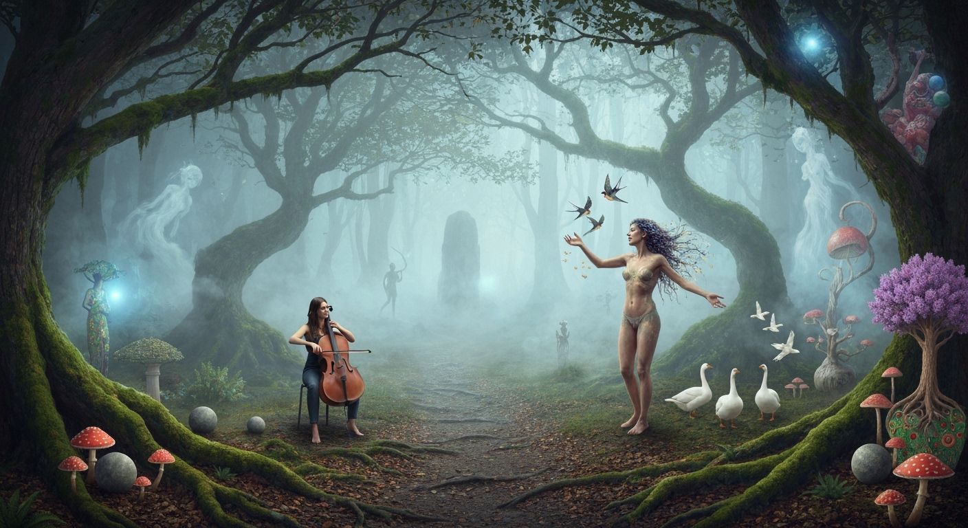 Cellist in Misty Ancient Forest Path