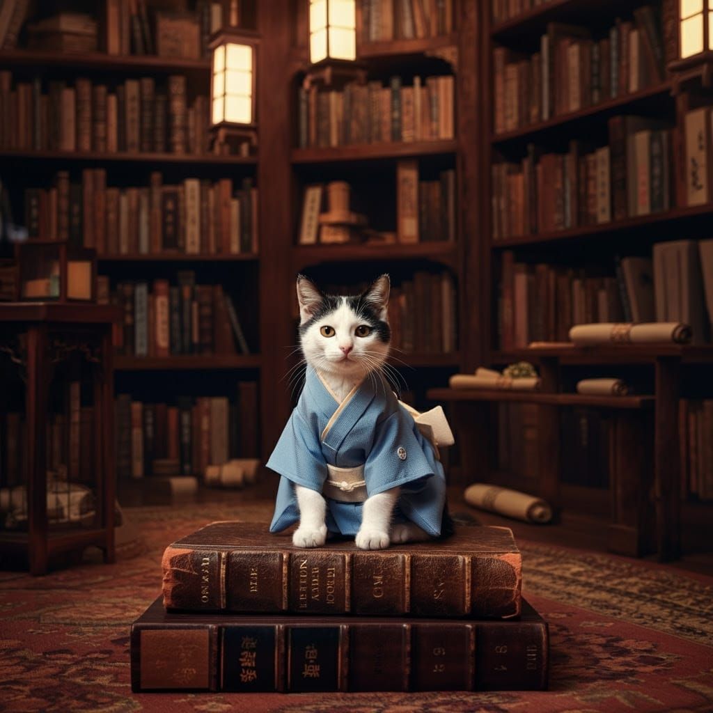 Regal Feline Scholar in Traditional Japanese Library