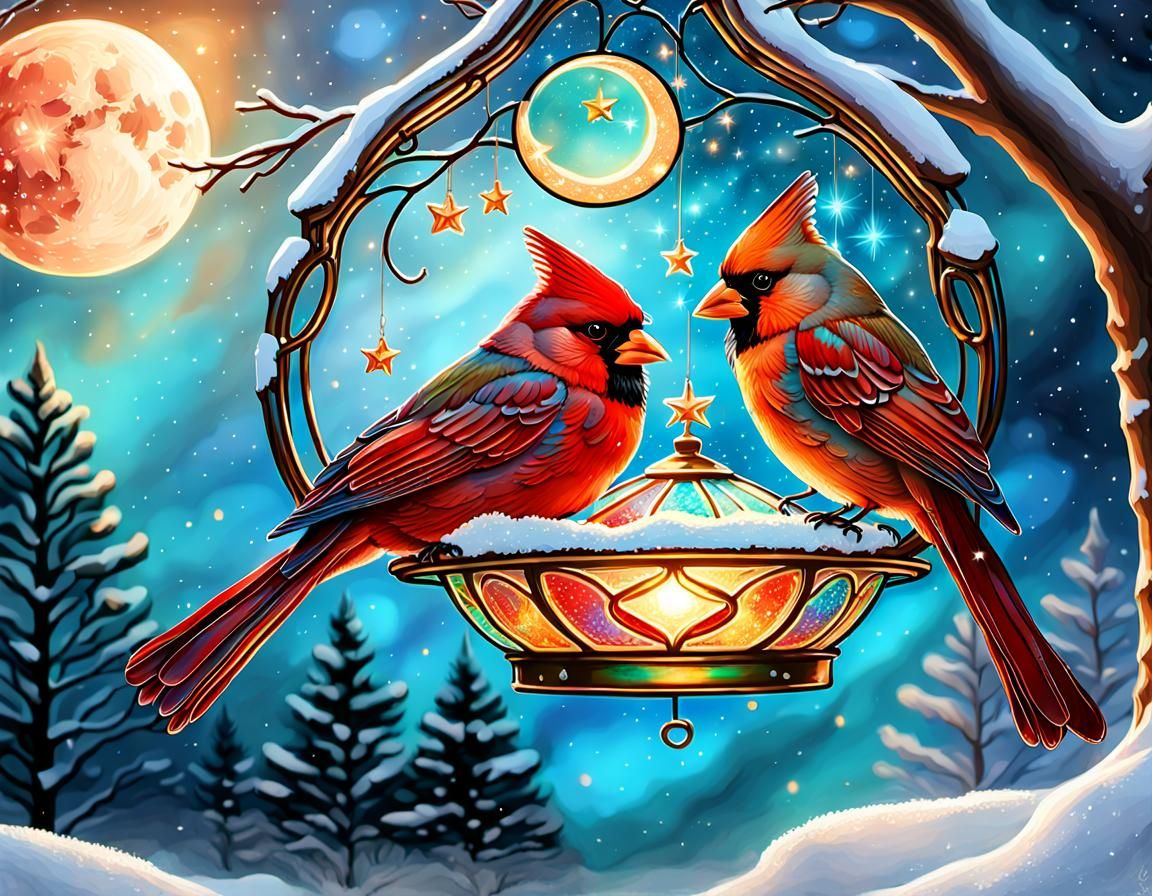 Red Cardinals Snuggling on Snowy Bird Feeder