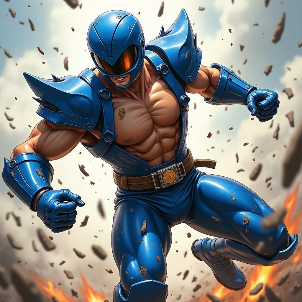 A heroic, shirtless handsome Japanese man as Blue Ranger in ...