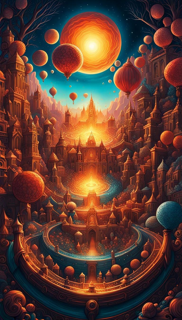 Monochromatic Fantasy Landscape with Intricate Line Art