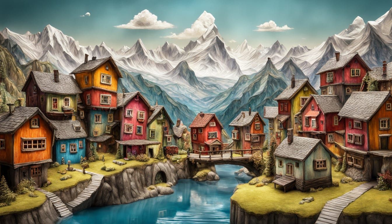 Surreal Yarn Village in Swiss Alps as Fine Art Masterpiece