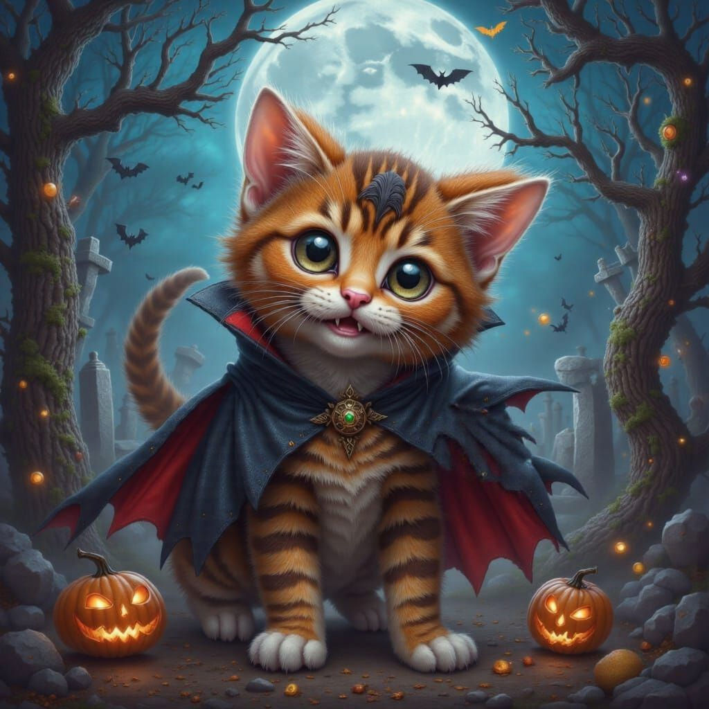 Whimsical Fluffy Tabby Kitten in Dracula Costume