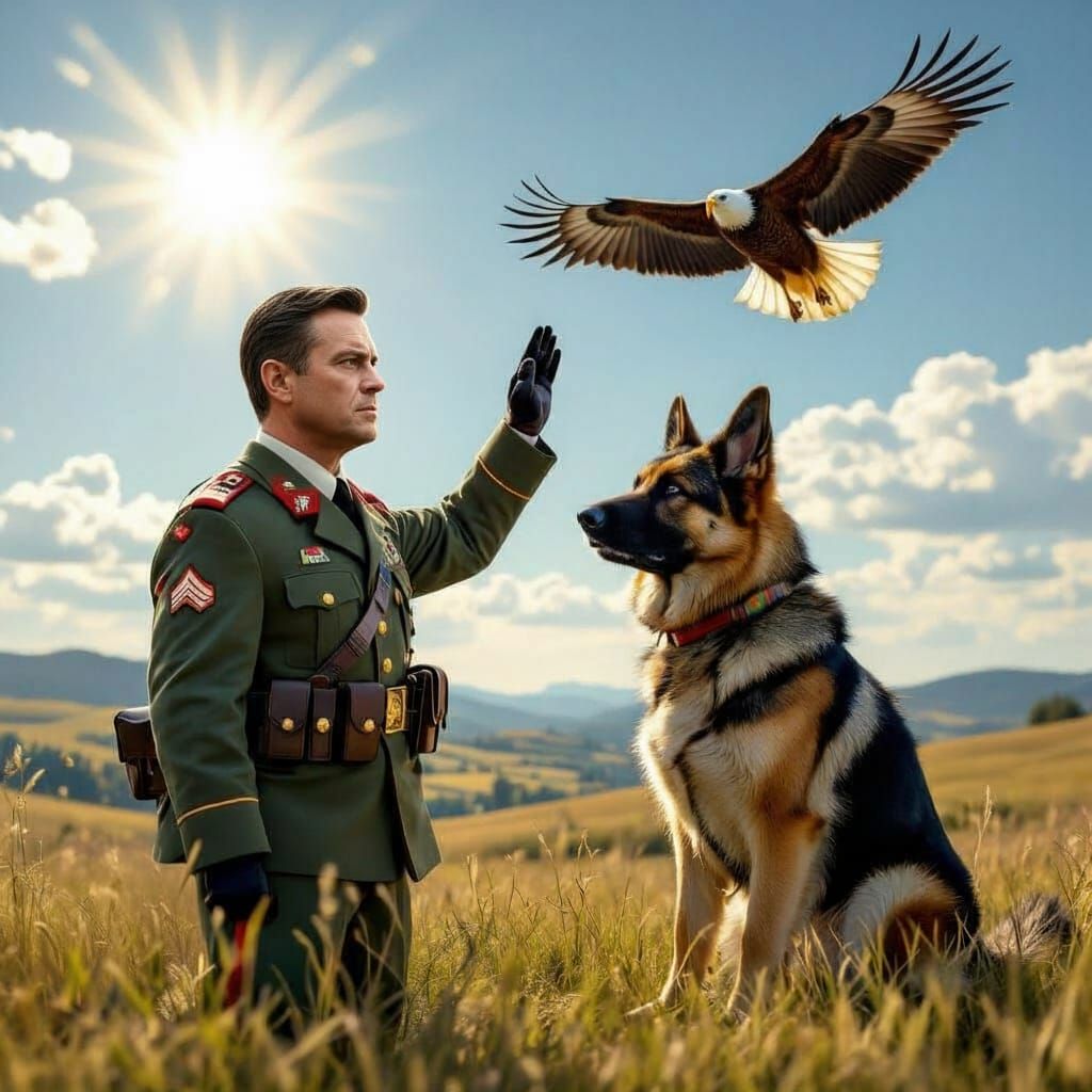 A patriotic German Shepherd, wearing a miniature, stylized m...