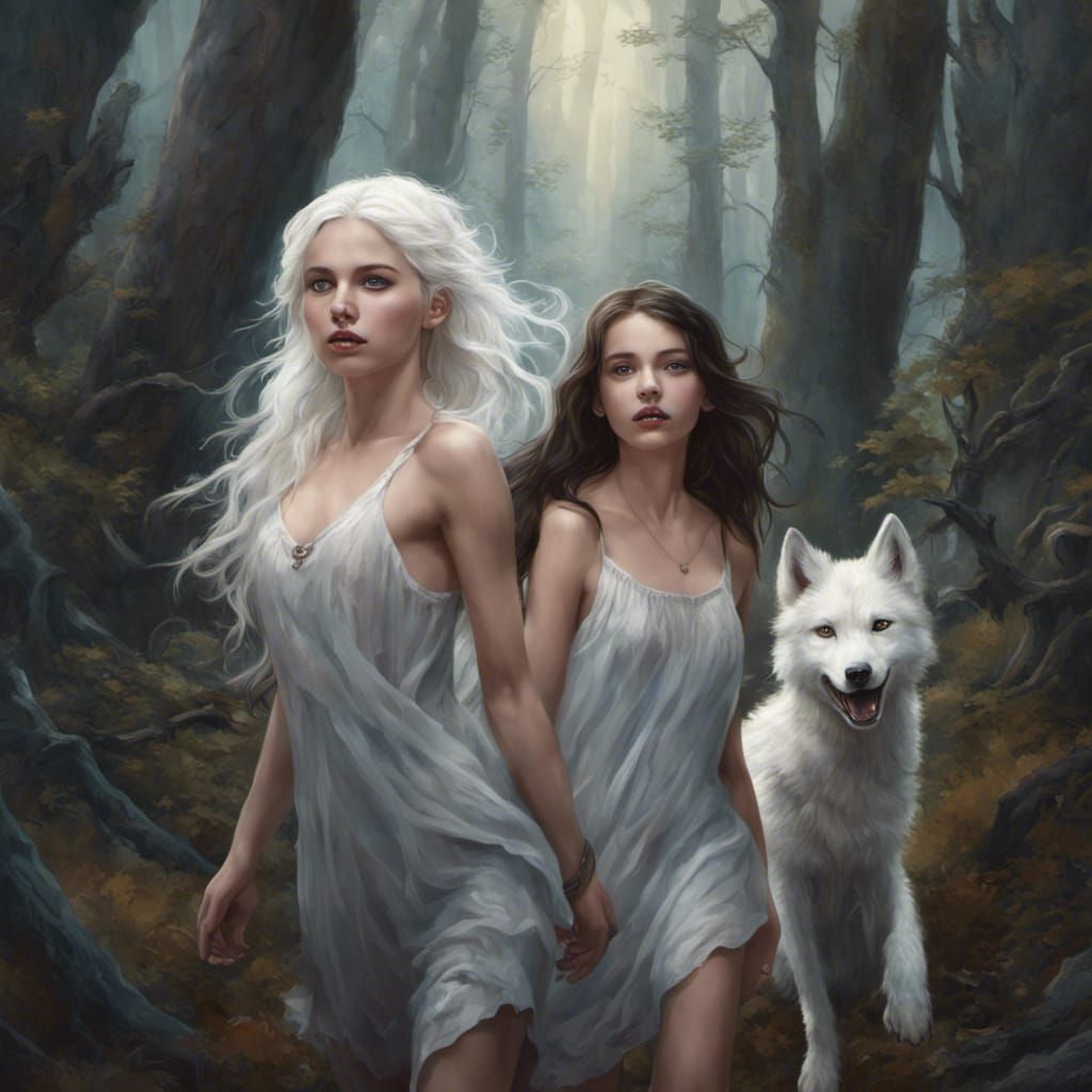 Girls and Wolf Pups in Fantastical Forest Art