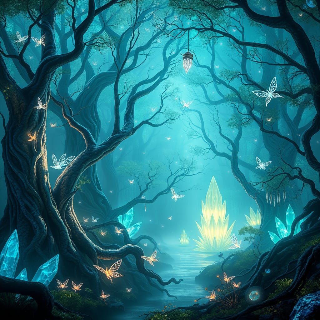 Luminous Forest Realm in Iridescent Hues