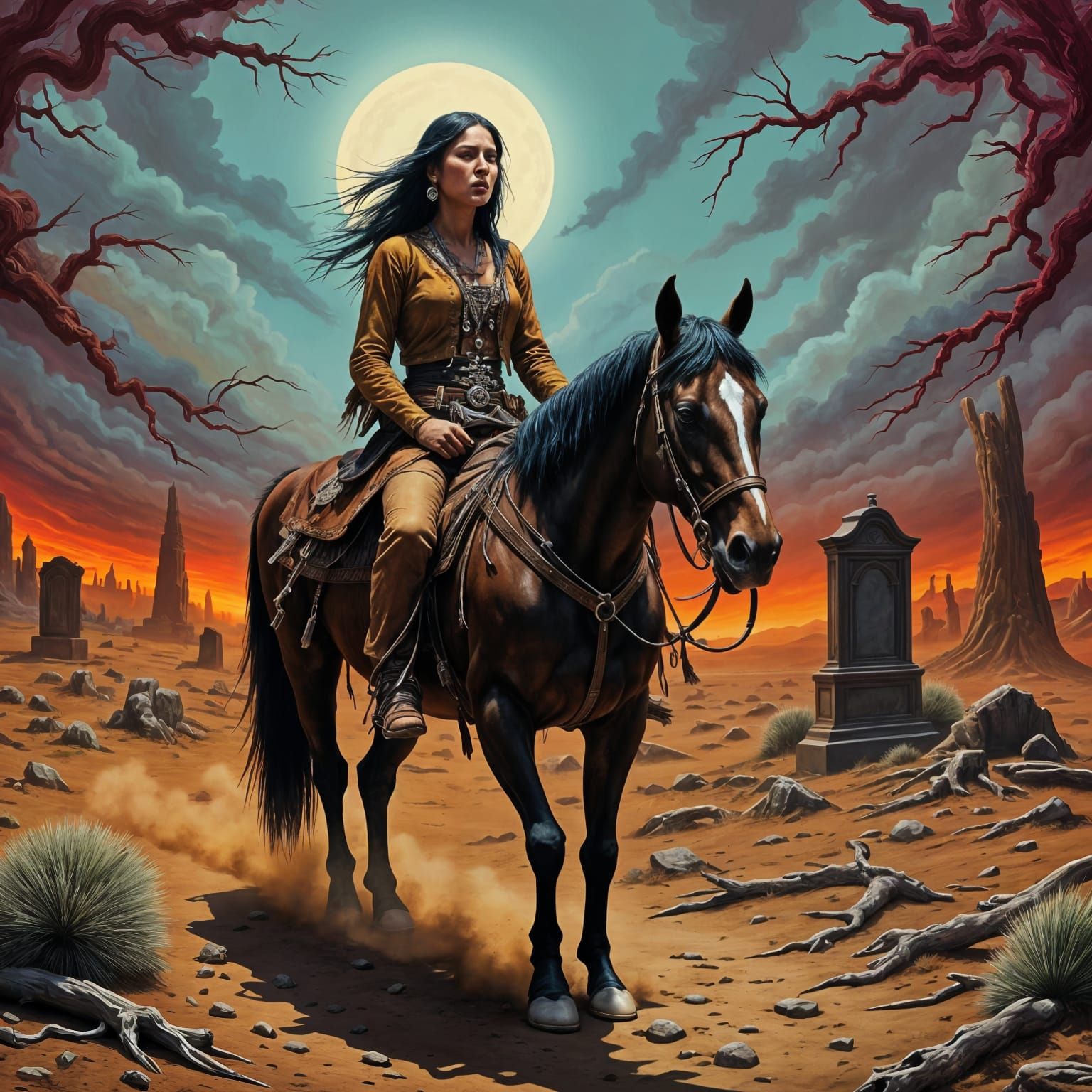 Native American Woman Rides Through Eerie Old West