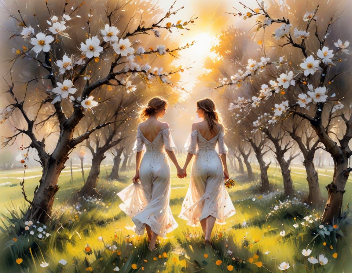 Blossoming Orchard in Spring: Watercolour Painting