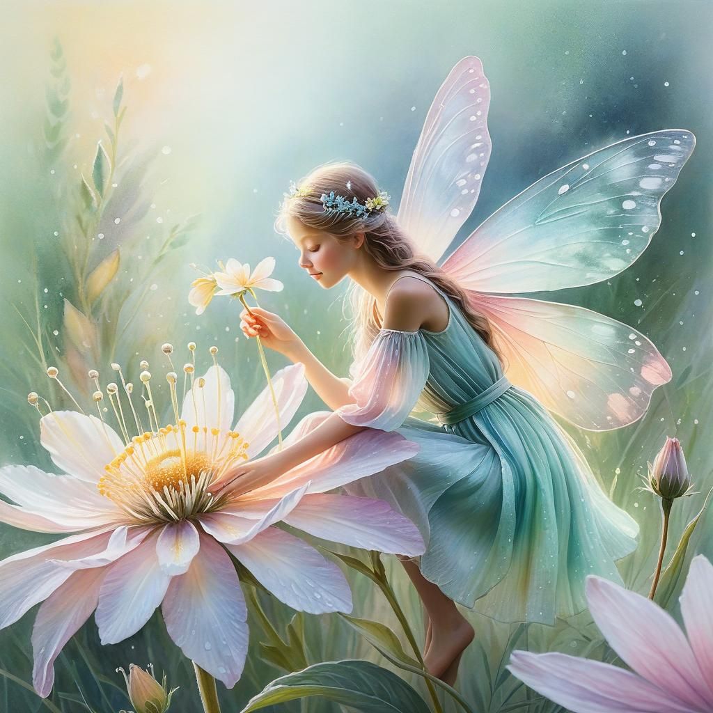 Fairy Resting on Flower in Watercolor Painting