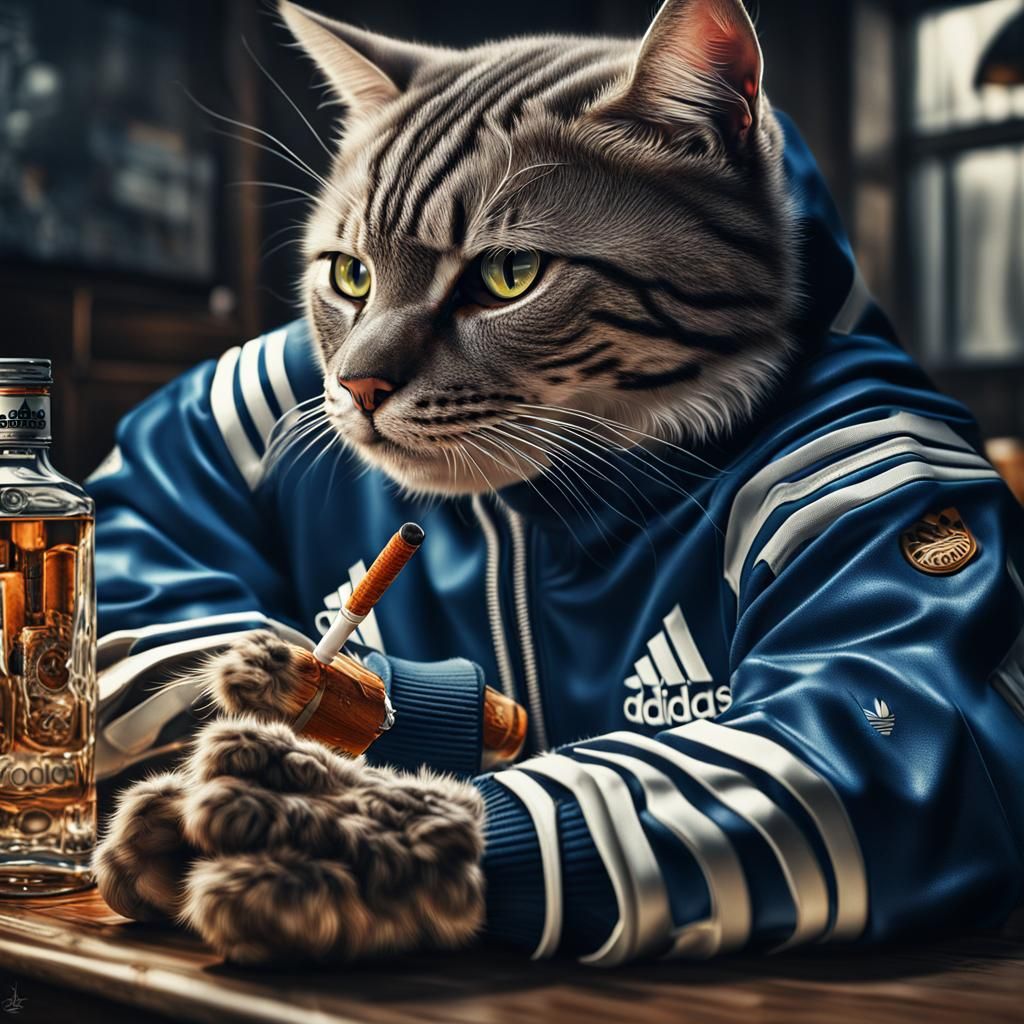 Hyperrealistic Gopnik Cat with Vodka and Cigarette