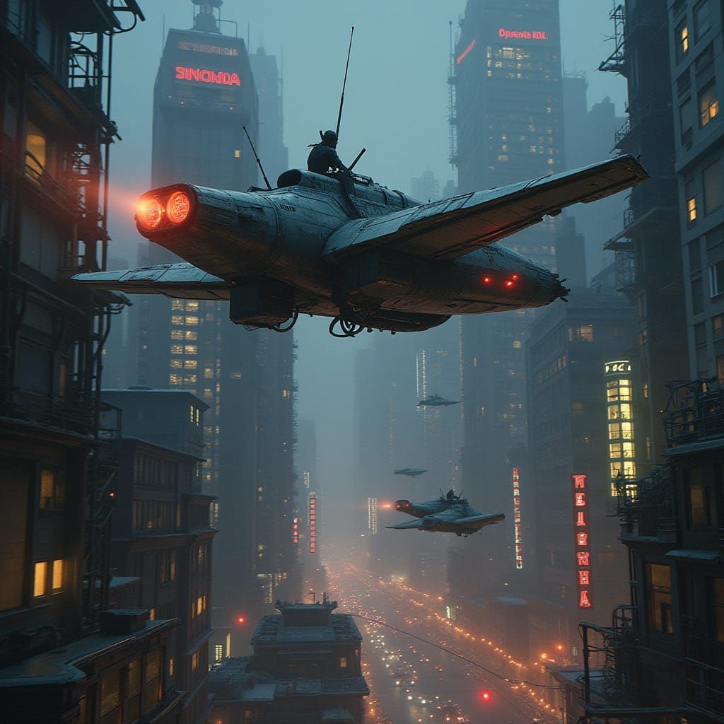 Cyberpunk Cityscape at Twilight with Flying Vehicles