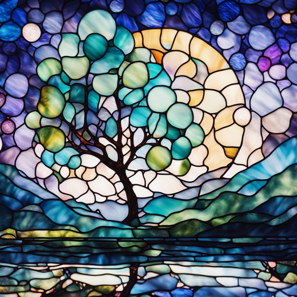 Tree Under Moon Stained Glass Art