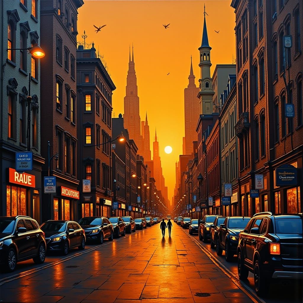 Bustling City Street at Sunset in Edward Hopper Style
