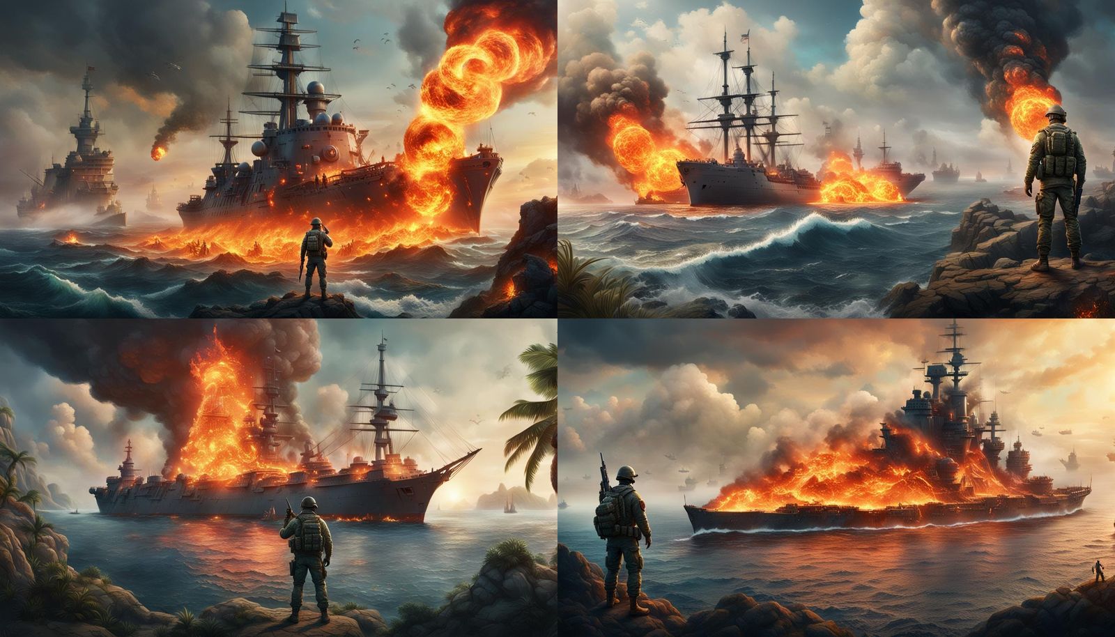 Soldier Defies Burning Warship: Fantasy Concept Art
