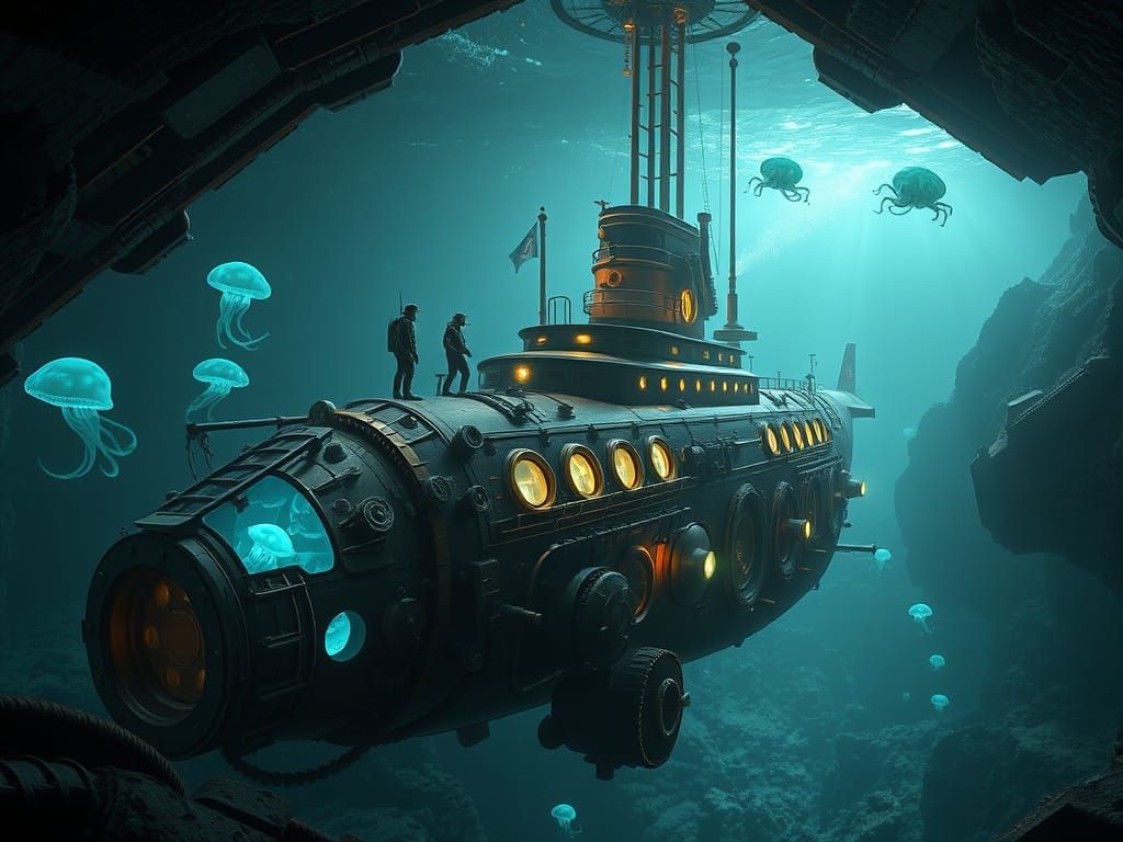 An Underwater Steampunk Submarine Battleship